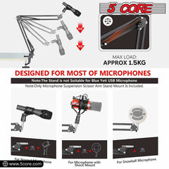 5Core Microphone Boom Arm – Adjustable Desk Mic Stand with Clamp, Black