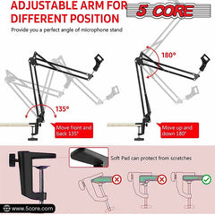 5Core Microphone Boom Arm – Adjustable Desk Mic Stand with Clamp, Black