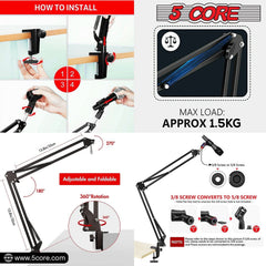 5Core Microphone Boom Arm – Adjustable Desk Mic Stand with Clamp, Black