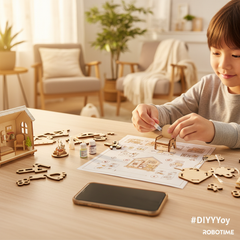 Child assembling Robotime DIY miniature dollhouse kit on a bright table