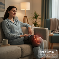 Person relaxing on couch with electric knee massager wrapped around knee