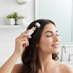 Woman applying hair growth serum roller to scalp in bright bathroom