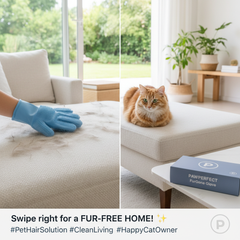 Person using pet fur remover glove on couch with orange cat nearby