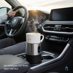 Smart car cup warmer with steaming coffee in modern car cup holder during morning commute